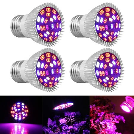 - 4-pack 28W Full Spectrum E26 E27 LEDs Grow Light Bulbs for Hydroponics Greenhouse Organic Indoor Plants,28 SMD5730 LEDs(15 Red +7 Blue +2 Warm White +2 White +1 Infrared +1 UV)