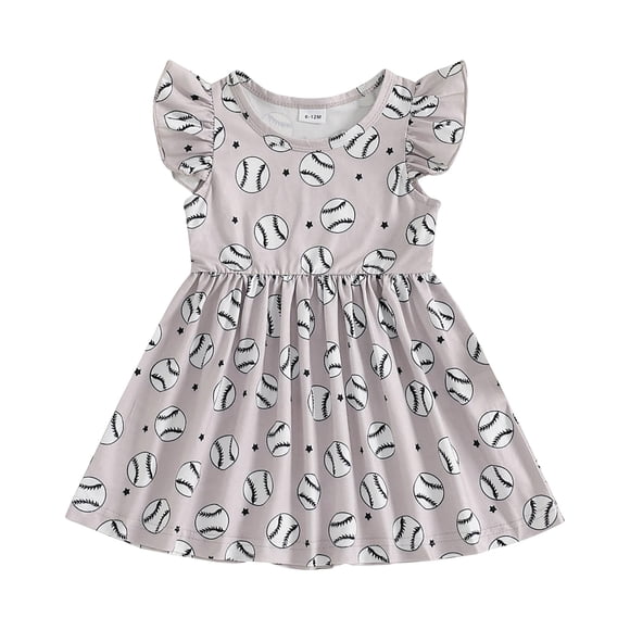 vigerkar Robe Décontractée pour Tout-Petites Filles, Robes à Imprimé Baseball, Manches Volantées, Vêtements 12M-4T (Gris, 12-18 Mois)