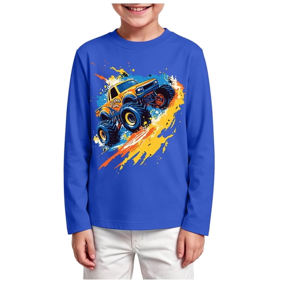 GXWEA Long Sleeve Shirts For Boys Boys Monster Truck Long Sleeve T-Shirt Crew Neck Tops Off-Road Vehicle Graphic Shirts for Spring Fall(Dark Blue,13-15 Years)