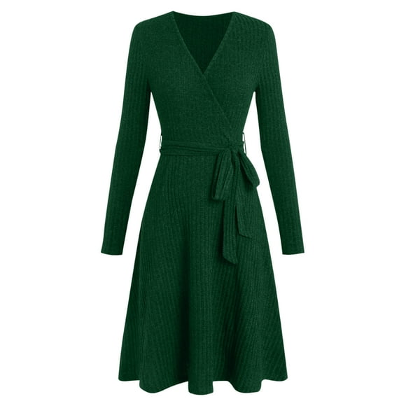 Lenpel Women's Long Sleeve Dress Crossover V Neck Ribbed Knit Flowy A-Line Casual Dresses Knee Length Sweater Dresses with Belt(Green,Large)