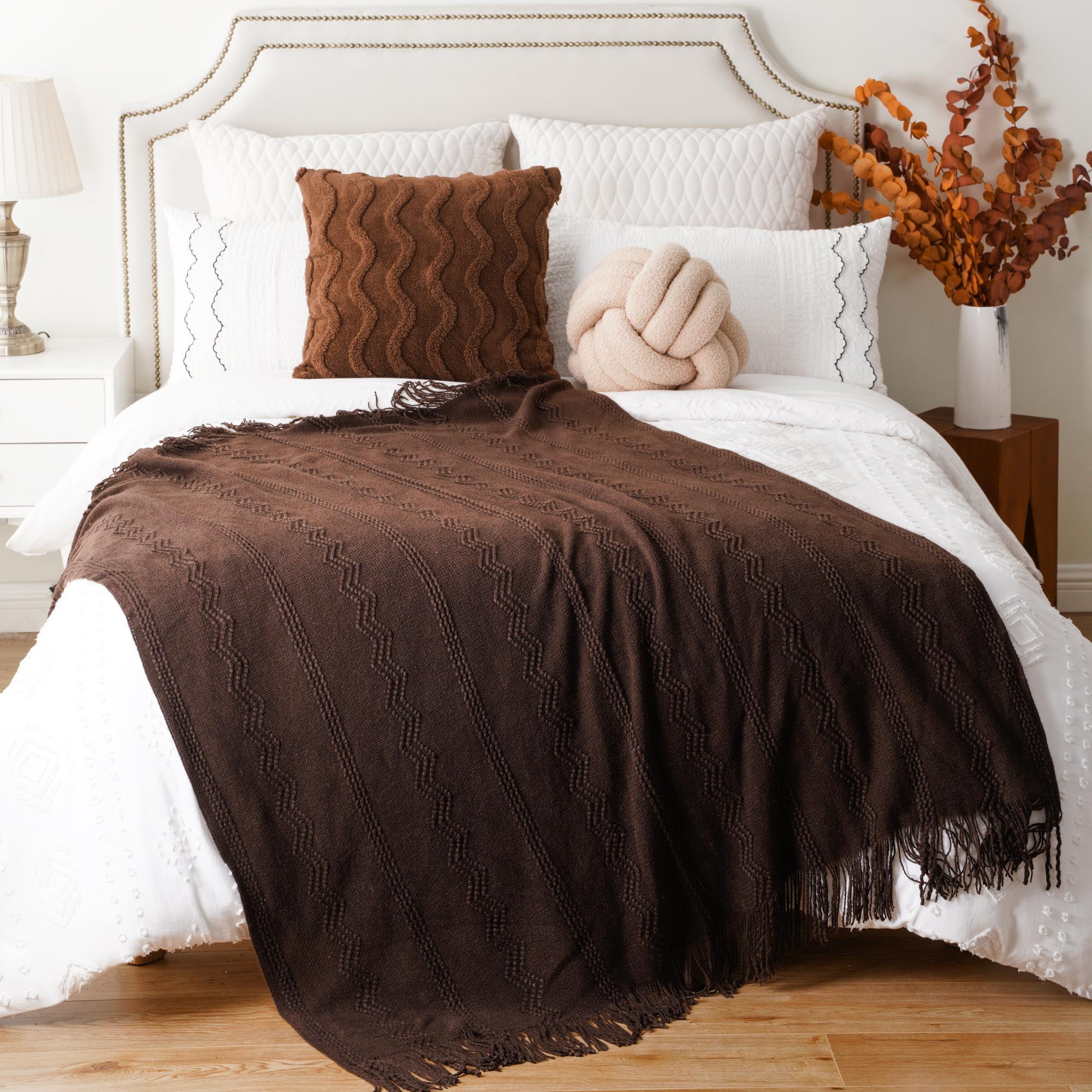 Battilo Brown Throw Blanket for Couch,Dark Brown Knit Blanket,Housewarming Gift,Boho Throw,50"x60"