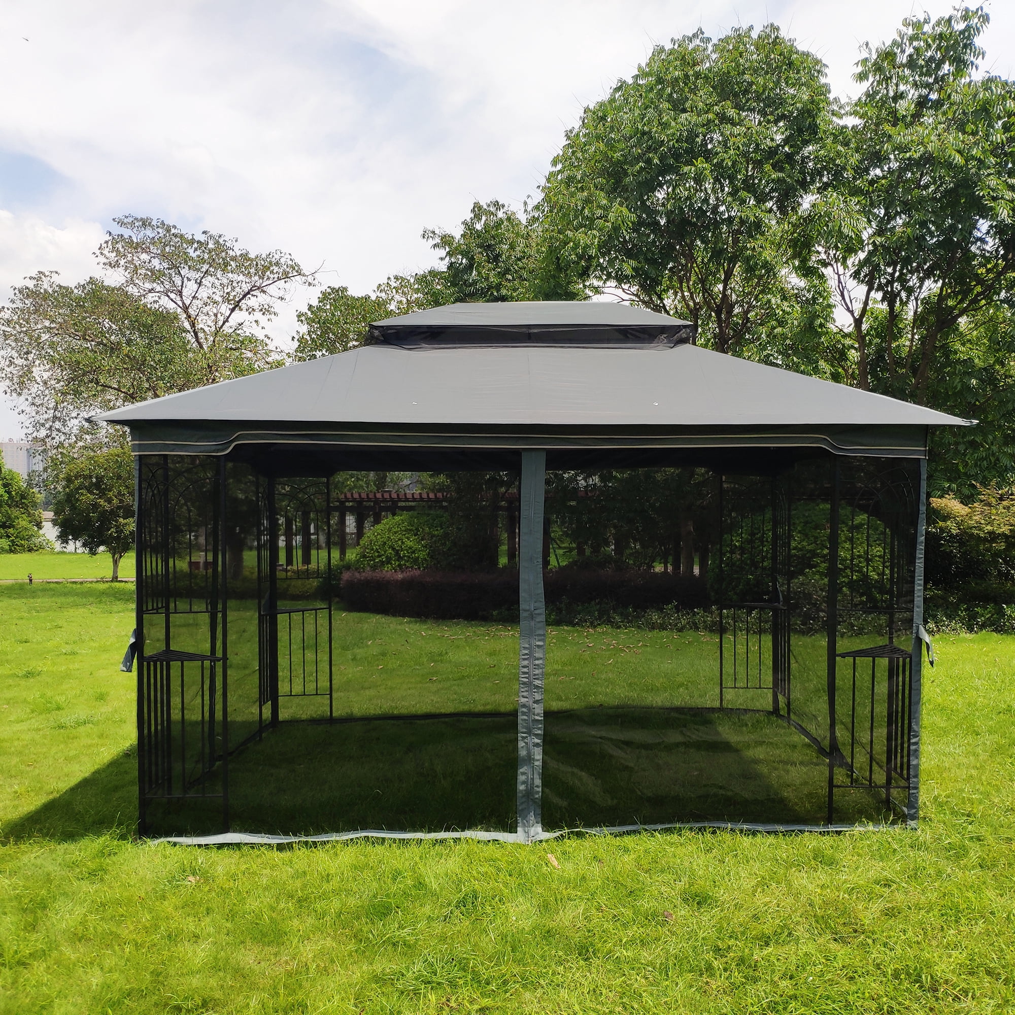 Royard Oaktree Patio Gazebo 13x10 Ft Outdoor Canopy Gazebo with Mosquito Netting and Corner Shelf Ventilation Double Roof Party Tent for Lawn Backyard Garden Deck,Gray
