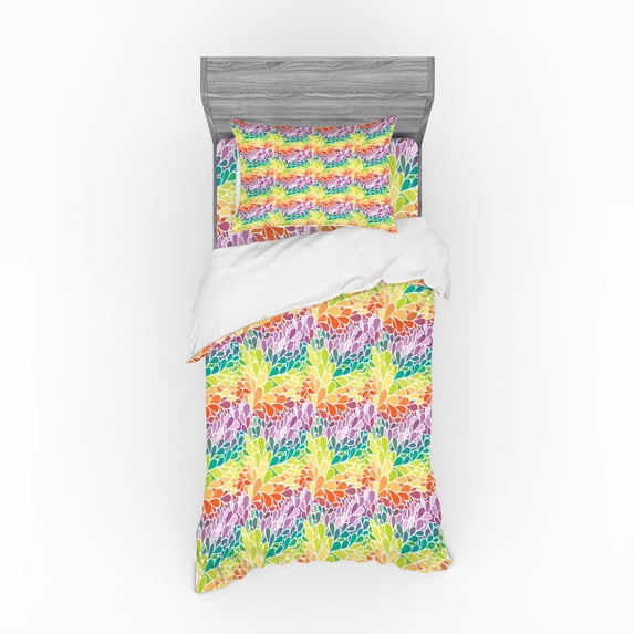 Ambesonne Colorful Bedding Set 3 Pcs, Doodle Lively Leaves, Twin, Multicolor