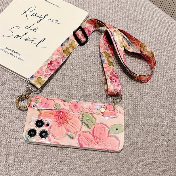Funda de teléfono con cordón y correa de muñeca, carcasa con flores brillantes para iPhone 13, 14, 12, 11 Pro Max, X, XR, XS Max, 7, 8 Plus, SE 2020 Fivean unisex