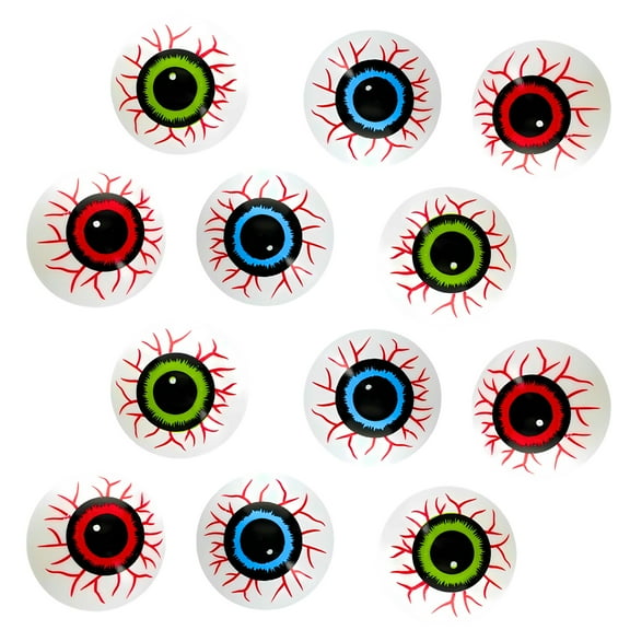 (12) Halloween Creepy Plastic Eyeball Decorations, 1 in. Assorted Blue Red Green Ping Pong Style Eyes for Party Decor Haunted House Props Spooky Display