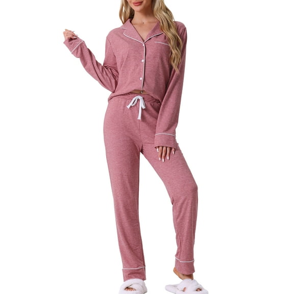 INSPIRE CHIC Women's Pajama Loungewear Long Sleeve Button Up Tops with Pants Christmas Two Pieces Matching Pj Sets S Pink