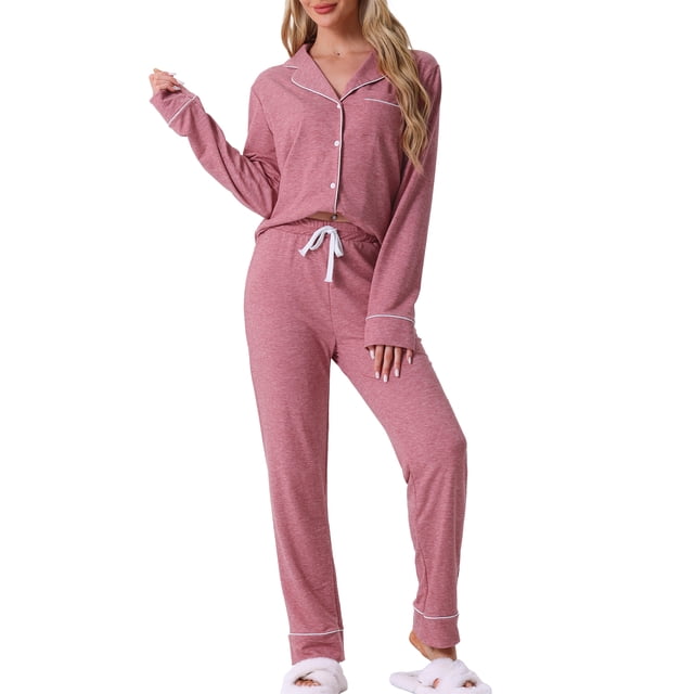 INSPIRAR CHIC Conjunto de Pijamas para Mujeres de Manga Larga con Botones y Pantalones, Juego de Pijamas a Juego de Dos Piezas para Navidad, Rosa