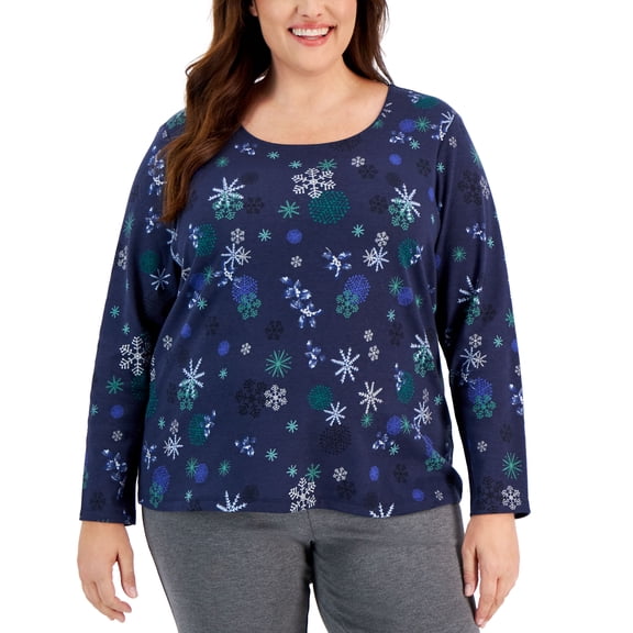 Karen Scott Plus Size Winter Magic Scoop Neck Top Intrepid Blue 2X