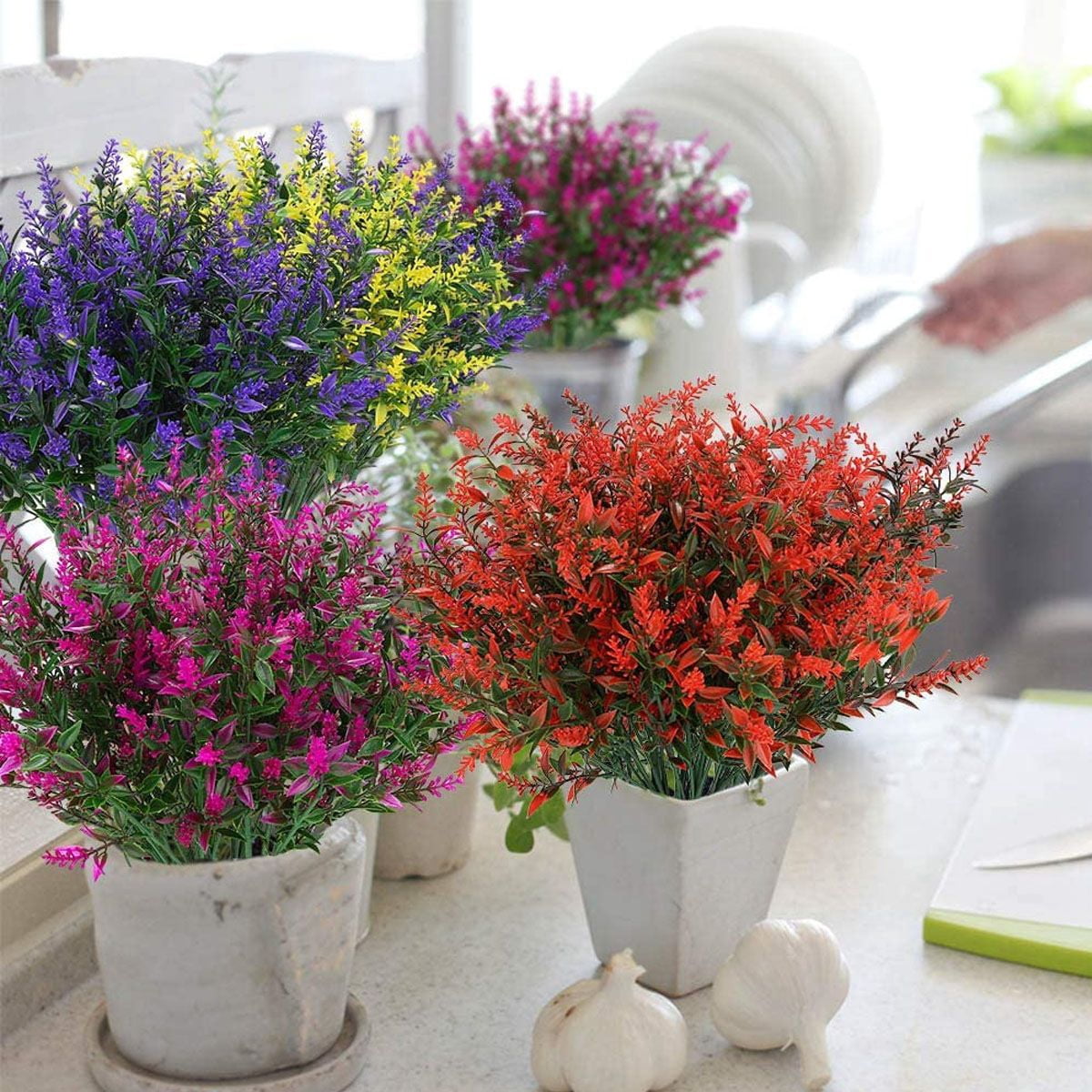 Gustave 32 Bundles Artificial Flowers Outdoor UV Resistant Fake Plants Faux Lavender Flower for Outside Indoor Home Decoration, 4 Colors