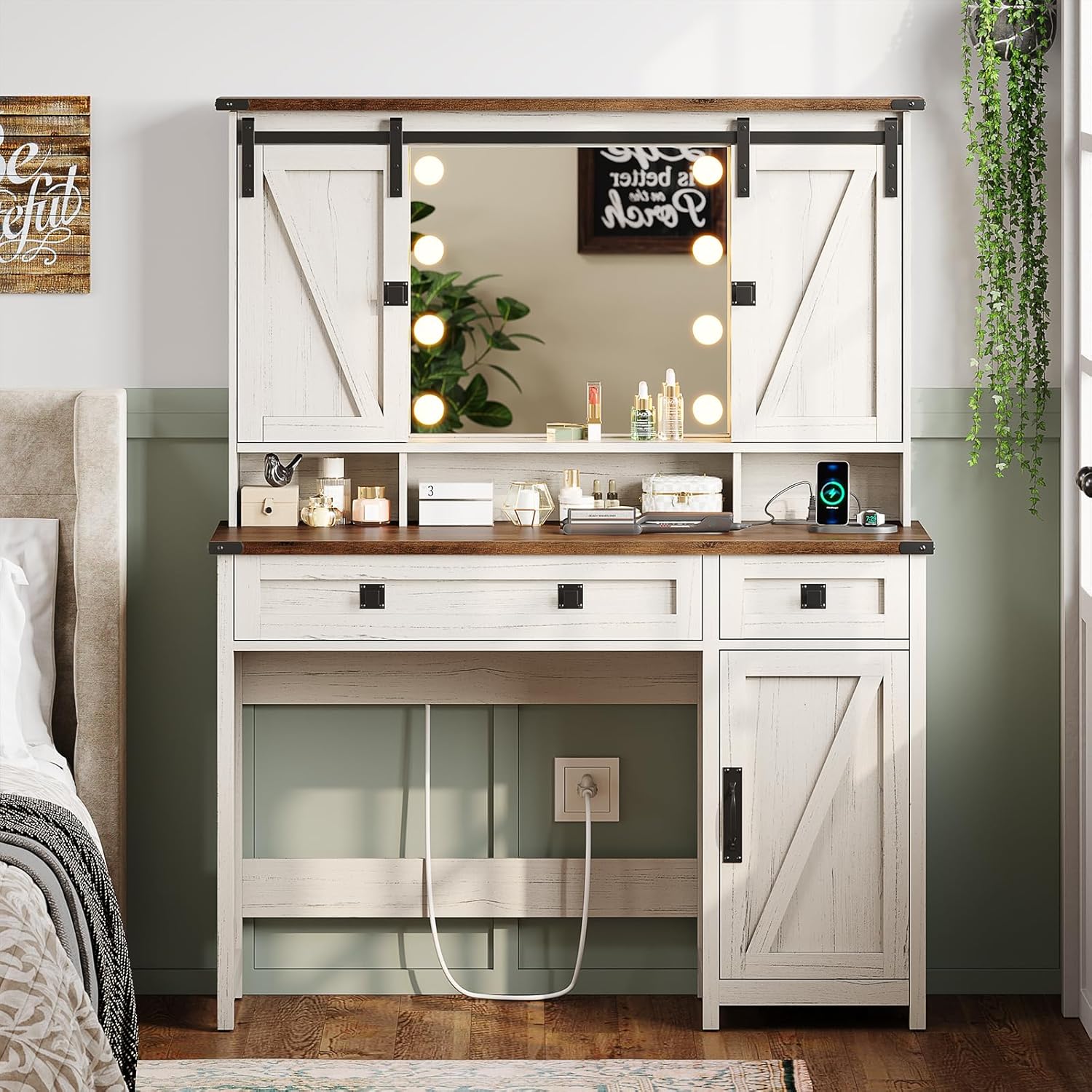 Aogllati Farmhouse White Vanity Table with Lights, Mirror, and Storage