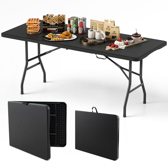 Gymax Table Pliante Portable de 6 Pi avec Plateau en HDPE, Mécanisme de Verrouillage Sécuritaire, Poignée de Transport, Noir