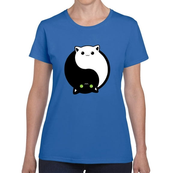 Kawaii Cats Ying Yang Graphic Women Royal Blue T-Shirt, Female XX-Large