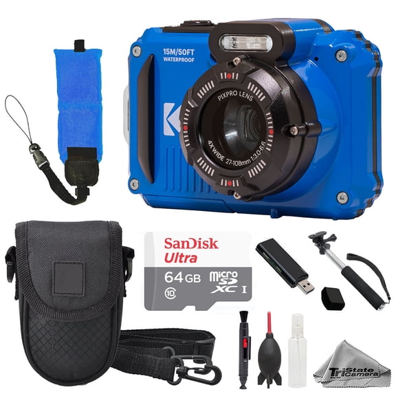 Kodak PIXPRO WPZ2 Digital Camera (Blue)   Case   Foam Floating Strap - 64GB Value Kit