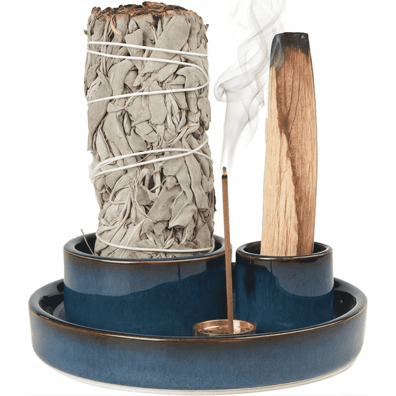 Wuxiuli 4 in 1 Ceramic Round Incense Holder with Ash Catcher Blue 1pack