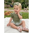 thumbnail image 3 of Loicainy Infant Baby Girl Summer Clothes 3 6 9 12 18 Months Ribbed Knit Solid Color Short Sleeve Romper Elastic Waist Plaid Shorts Headband 3Pcs Outfits Set, 3 of 9