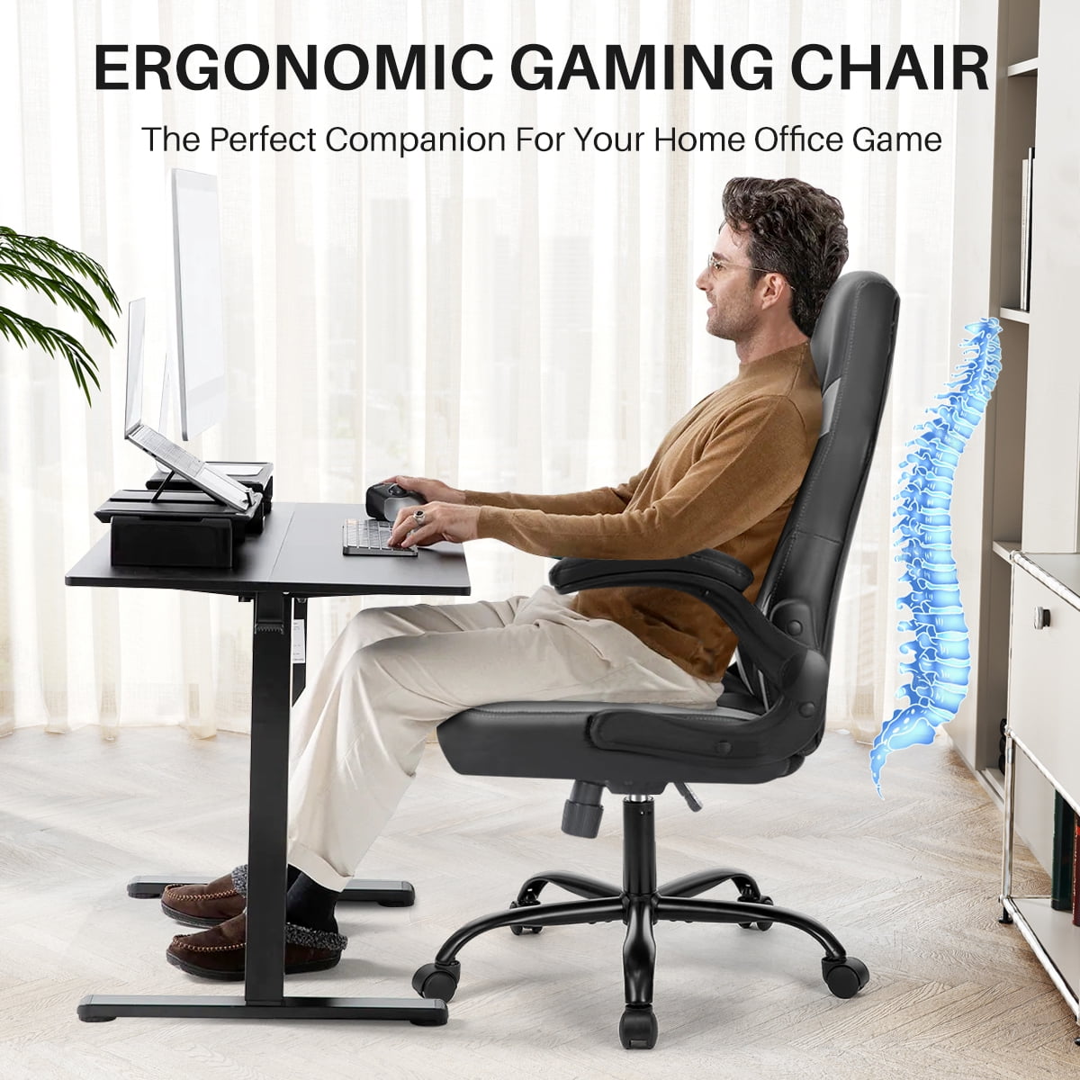 Bigleap Gaming Chair, Ergonomic Office Leather Racing Chair with Flip-up Armrest, Black Gray