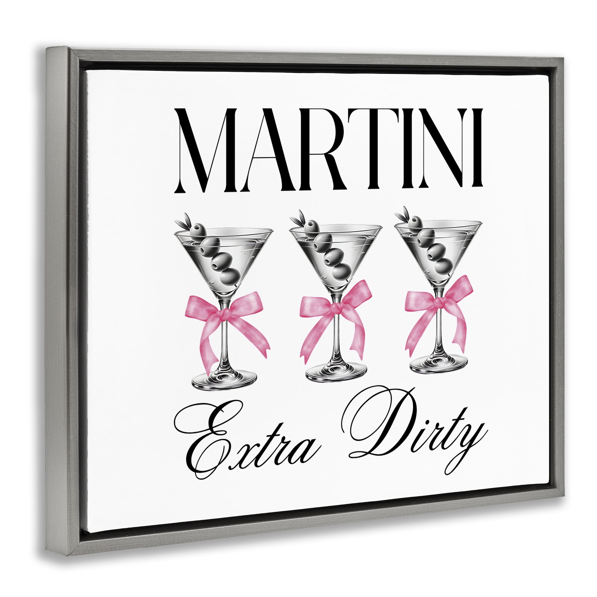Stupell Industries Pink Ribbon Martini Trio Gray Framed Floater Canvas Wall Art, design by Lettered and Lined