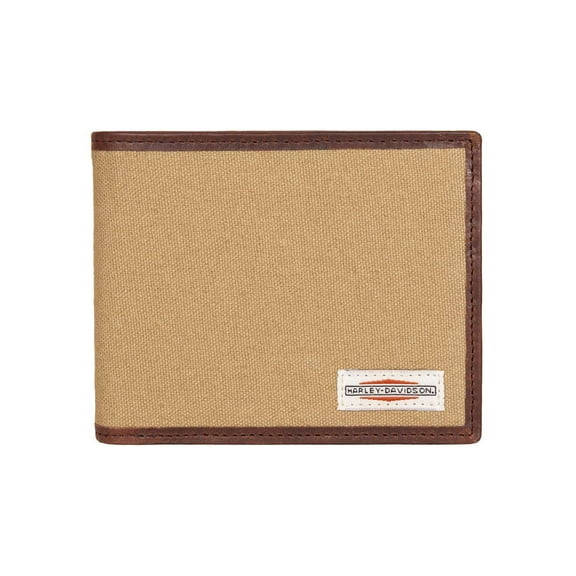Harley-Davidson Men's Patch Cotton Canvas & Leather Bi-Fold RFID Wallet - Khaki, Harley Davidson