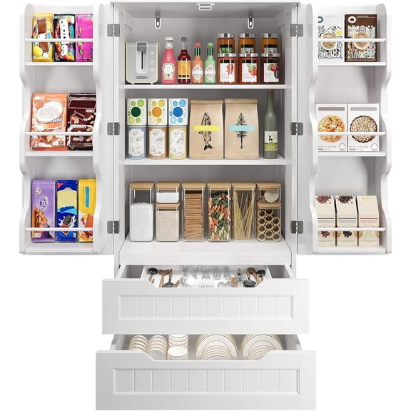 White Kitchen Pantry Cabinet with Drawers and Door Shelves for Small Spaces, 24" Wide