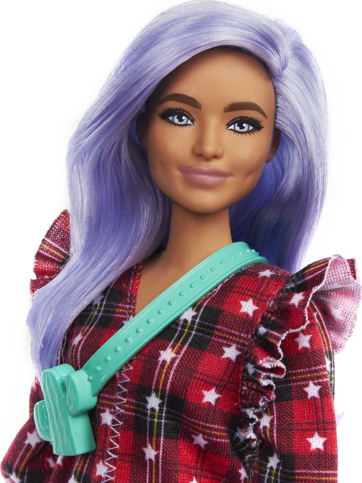 Barbie Fashionistas Doll #157, Curvy with Lavender Hair in Red Plaid Dress & White Cowboy Boots - image 5 of 7
