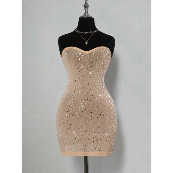 Khaki Sheer Rhinestone Embellished Bodycon Mini Dress For Women