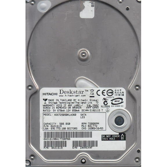 HDS725050KLA360, PN 0A31619, MLC BA1772, Hitachi 500GB SATA 3.5 Hard Drive