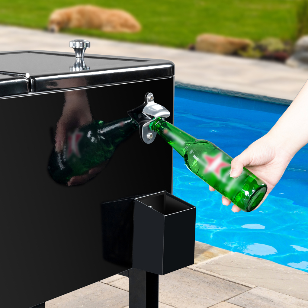 80QT Insulated Cooler Cart, Rectangular Plastic Refrigeration with Opener and Cap Catcher, 2 Side Handles, Cooling 48 Hours, for Outdoor, Black