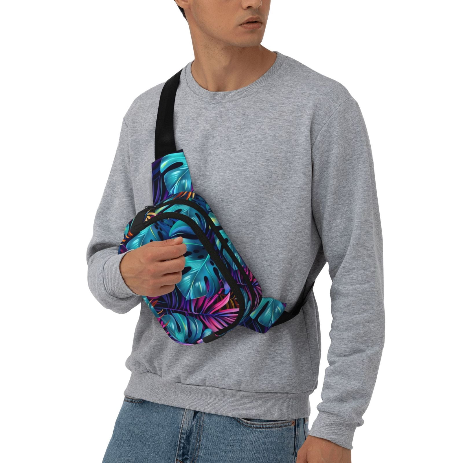Picia Colorful Tropical Leaves Print Square Double-Layer Waist Bag Mini Adjustable Waist Belt Bag Exercise Running Travel Hiking