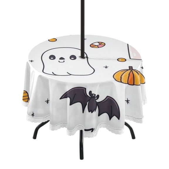 Round Outdoor Tablecloth 60 Inch Dining Table Cover with Lace Trim & Umbrella Hole for Outside Party Camping Cute Cartoon Halloween Elements