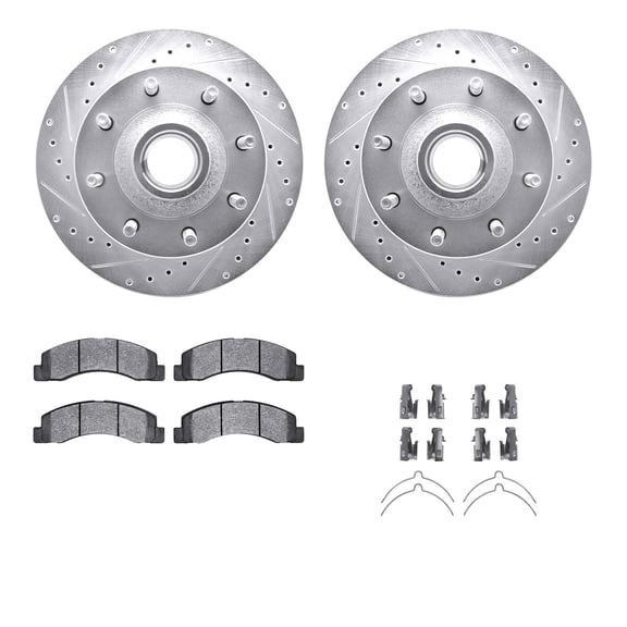 Dynamic Friction Company Front Brake Rotors-Drilled and Slotted-Silver with Heavy Duty Brake Pads includes Hardware 7212-99190