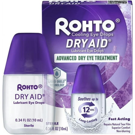 Rohto Dry Aid Lubricant Eye Drops, Advanced Dry Eye Treatment, 0.34 fl oz Bottle