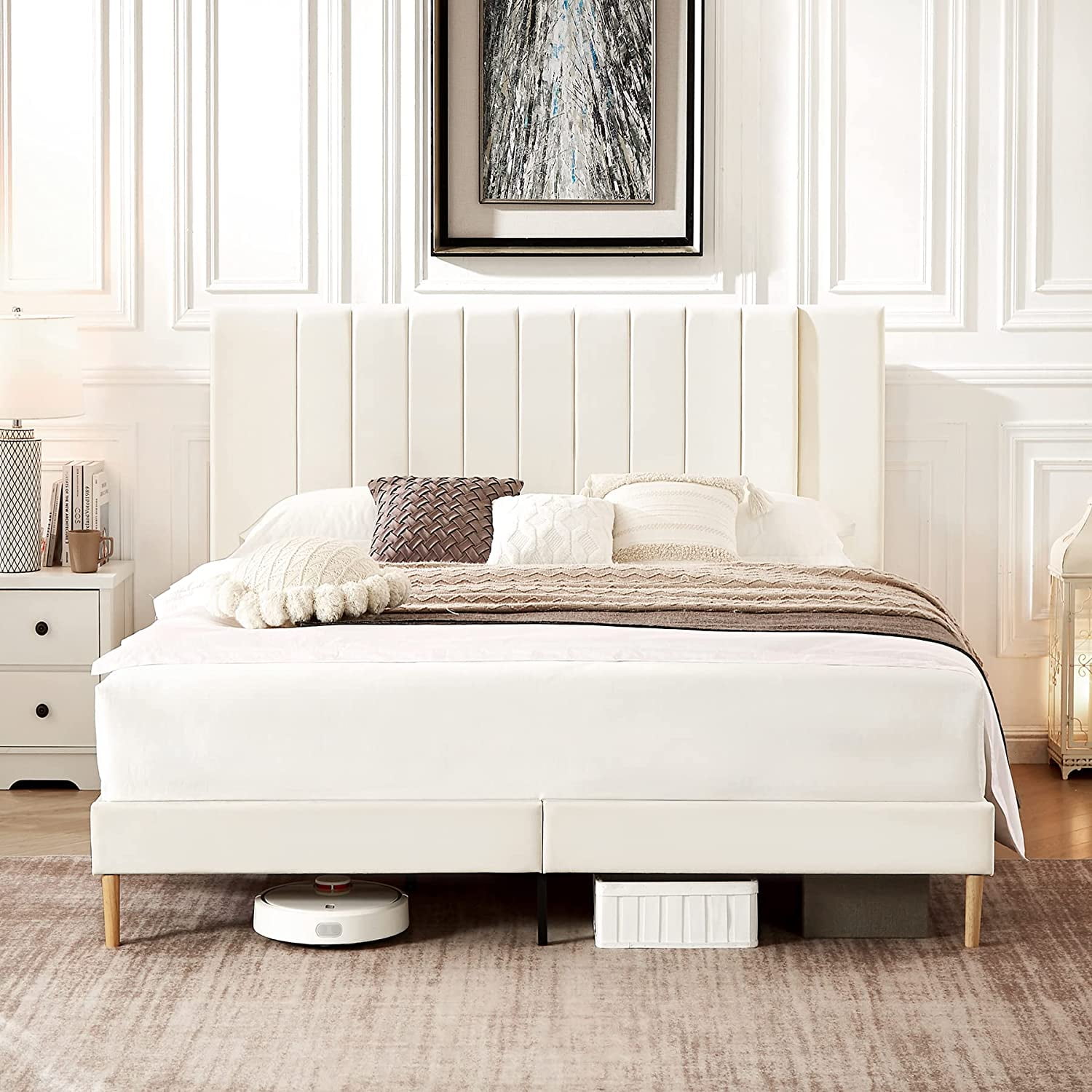 Flolinda Queen Bed Frame Upholstered with Vertical Channel Tufted