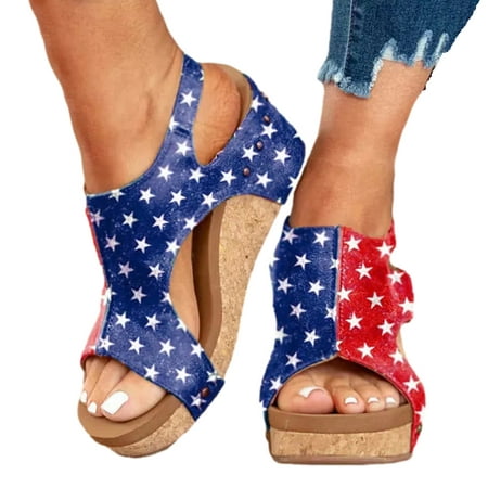 

Espadrille Wedge Sandals for Women Comfortable Strappy Platform Sandals Casual Summer Ankle Strap Shoes American Flag Print Beach Sandal