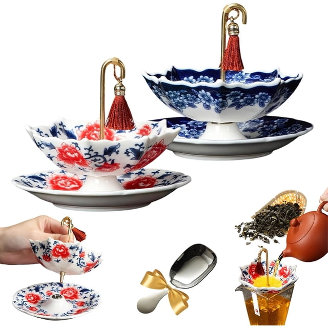 2026 New Umbrella Tea Strainer,Elegant Tea Strainer Filter Set with Unique Umbrella Shape, Chinese Blue & White Porcelain Ceramic Teas Infuser with Rotating Design for Kung Fu/Coffee/Brewing(Blue+Red)