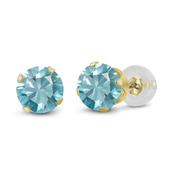 Gem Stone King 14K Yellow Gold Blue Zircon Stud Earrings for Women Men (1.00 Cttw, Gemstone December Birthstone, Round 4MM)
