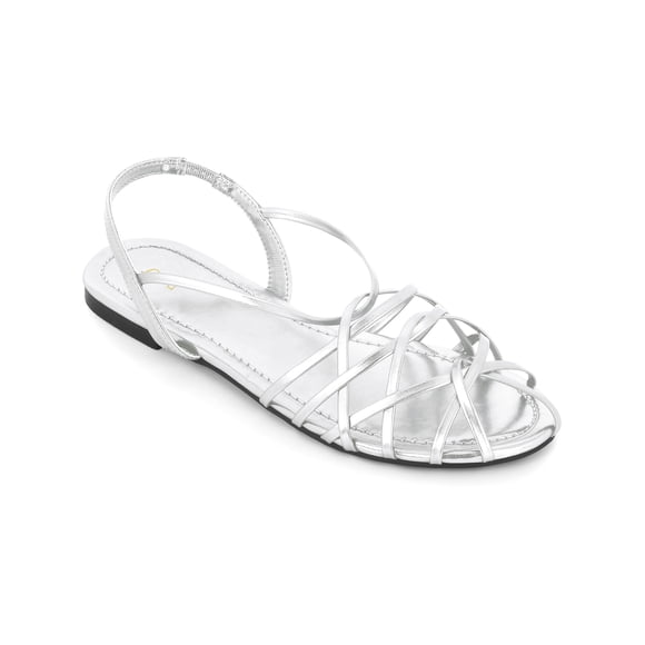 BLISSFUL STEP Flats Slingback Strap Sandal Sparkle Elasticity Round-Toe Roman Sandals for Women Silver 9