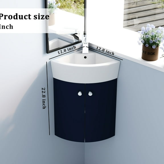 Wall-mounted Corner Vanity with Non-adjustable Shelf and Ceramic Sink - Suitable for Small Bathrooms