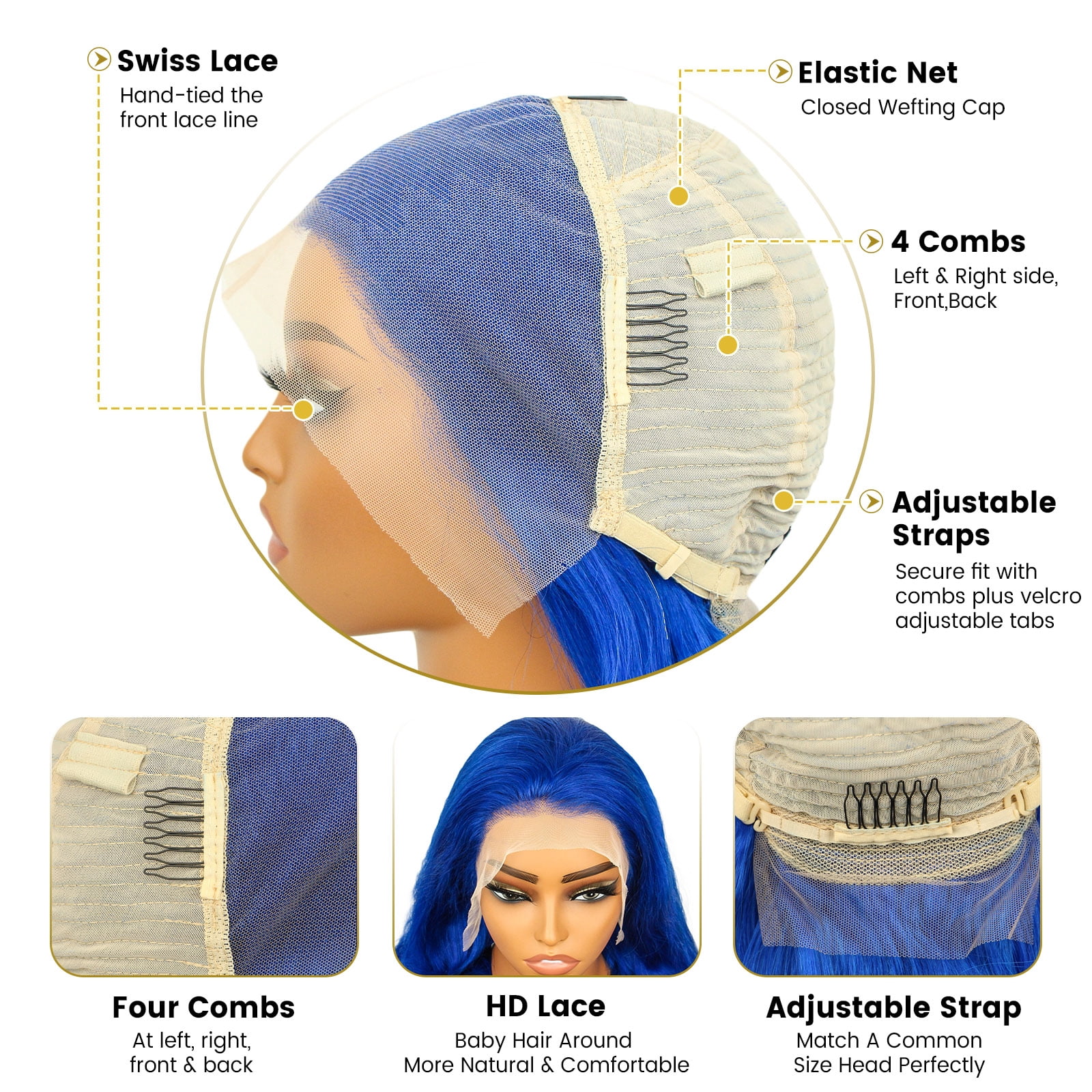 13*6 Inch HD Lace Closure 100% Human Hair Wig Body Wave Lace Front Wig 28" Blue Hair Heat Resistant Bleachable