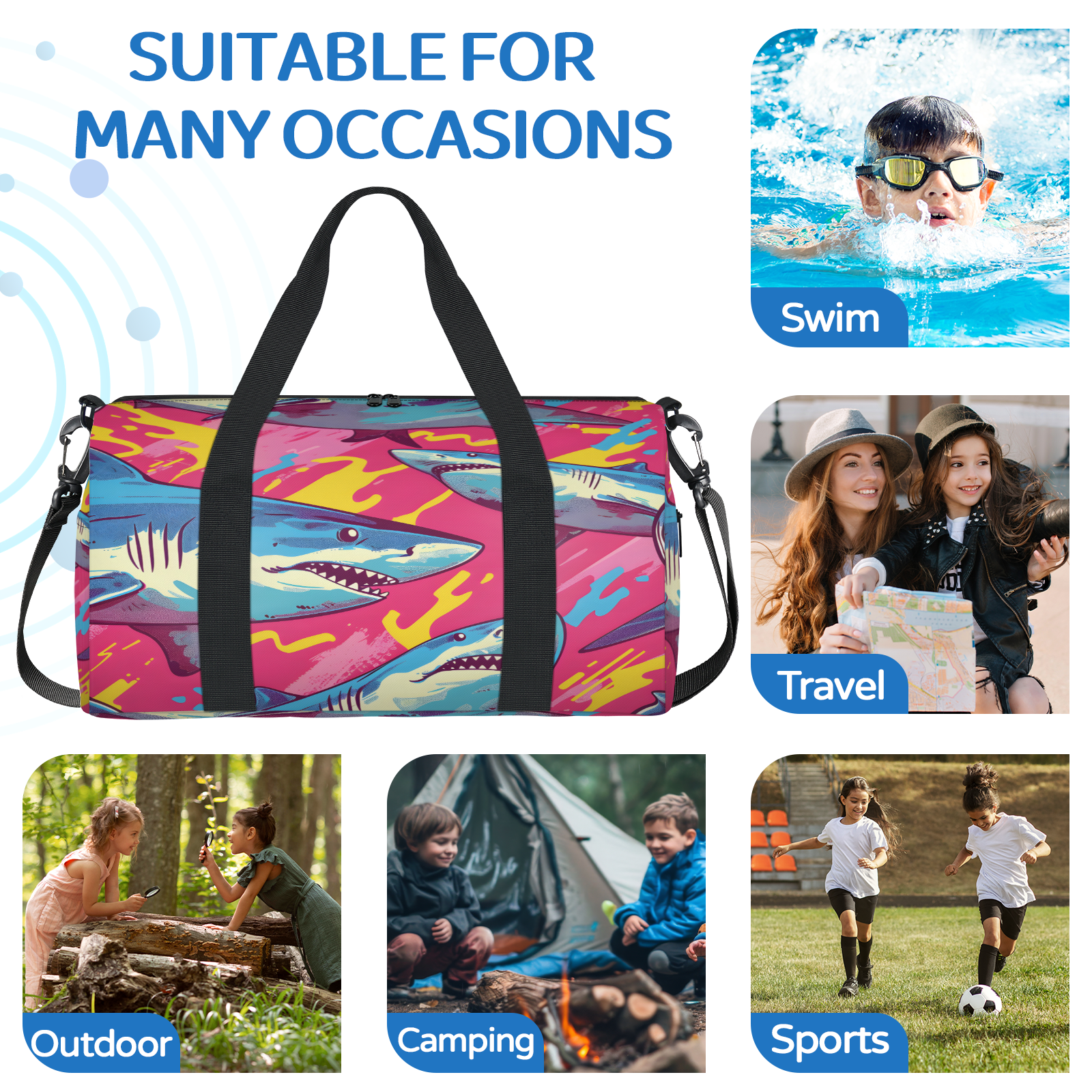 Herdesigns Ocean Sharks Gym Bag for Women, Duffle Bag for Travel Sport, Ocean Animal Lightweight Waterproof Carry on Weekender Dance Yoga Workout Bags