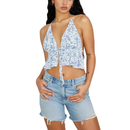 

EYIIYE Women s Summer Fitted Camisole Tops Sleeveless V Neck Open Back Tie Up Bustier Tops Streetwear