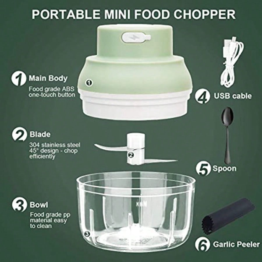 Electric Garlic Chopper Mini Garlic Masher Crusher Food Processor Small with Garlic Peeler And Spoon 100ML/3.3FL OZ Green 3.1 * 3.1 * 3.9 IN