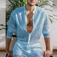 thumbnail image 4 of ZVNAΖH Men's Lace 2-Piece Set Geometric Crochet Long Sleeve Mandarin Collar Shirt & Shorts Summer Beach Vacation Outfit, 4 of 6