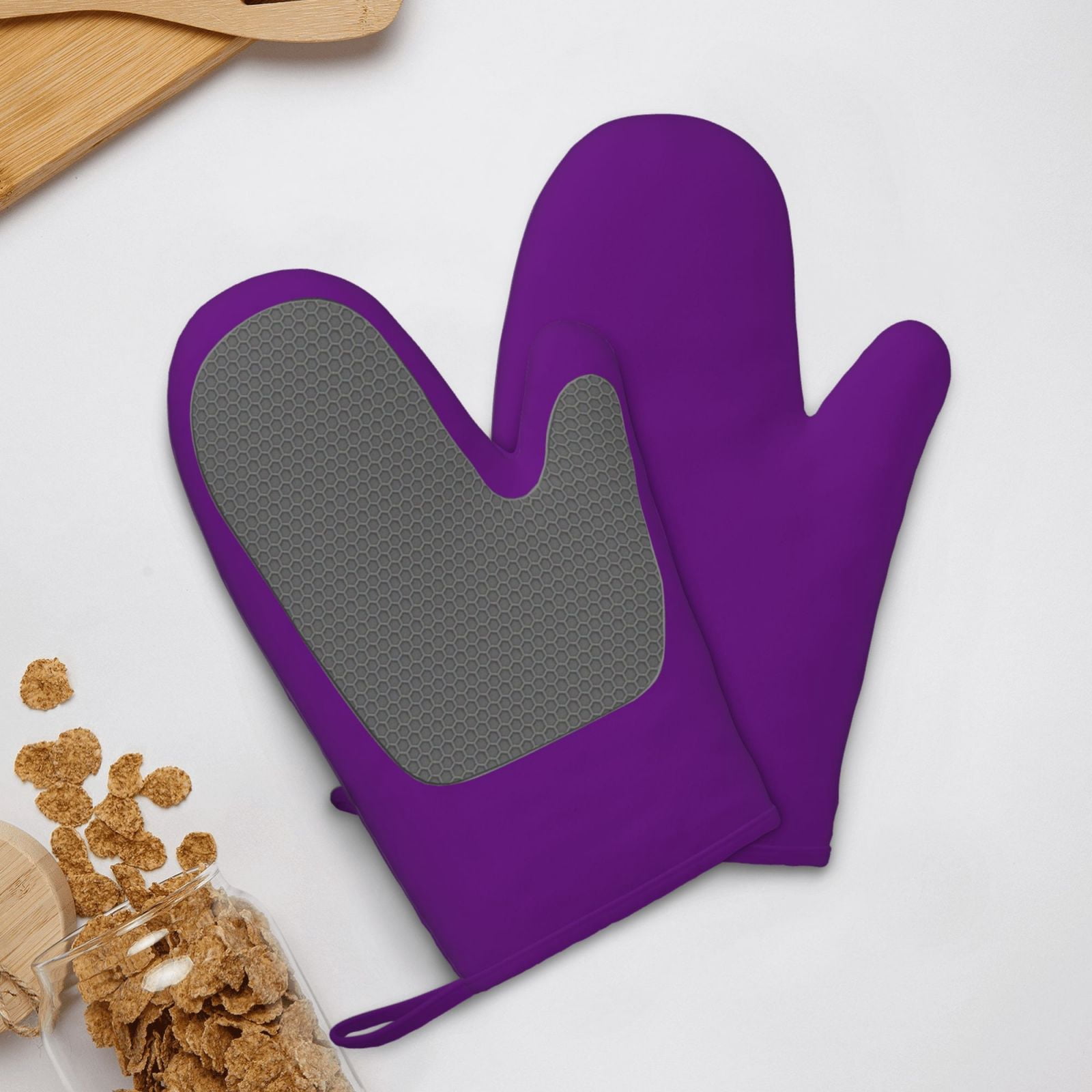 Hirioo Purple for Silicone Oven Mitts for BBQ, Baking, Cooking, Set of 2, Heat Resistant 260℃, Non-Slip Kitchen Essentials