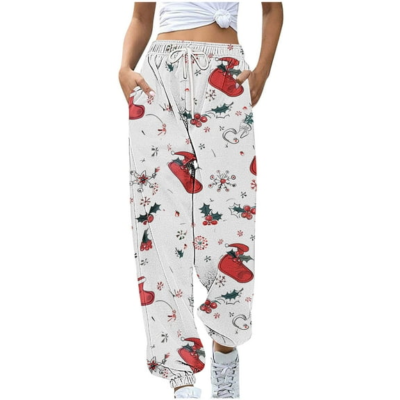 successthop Christmas Sweatpant for Women Drawstring Pants ELastic Printed Oversized Wide Leg Joggers Trousers