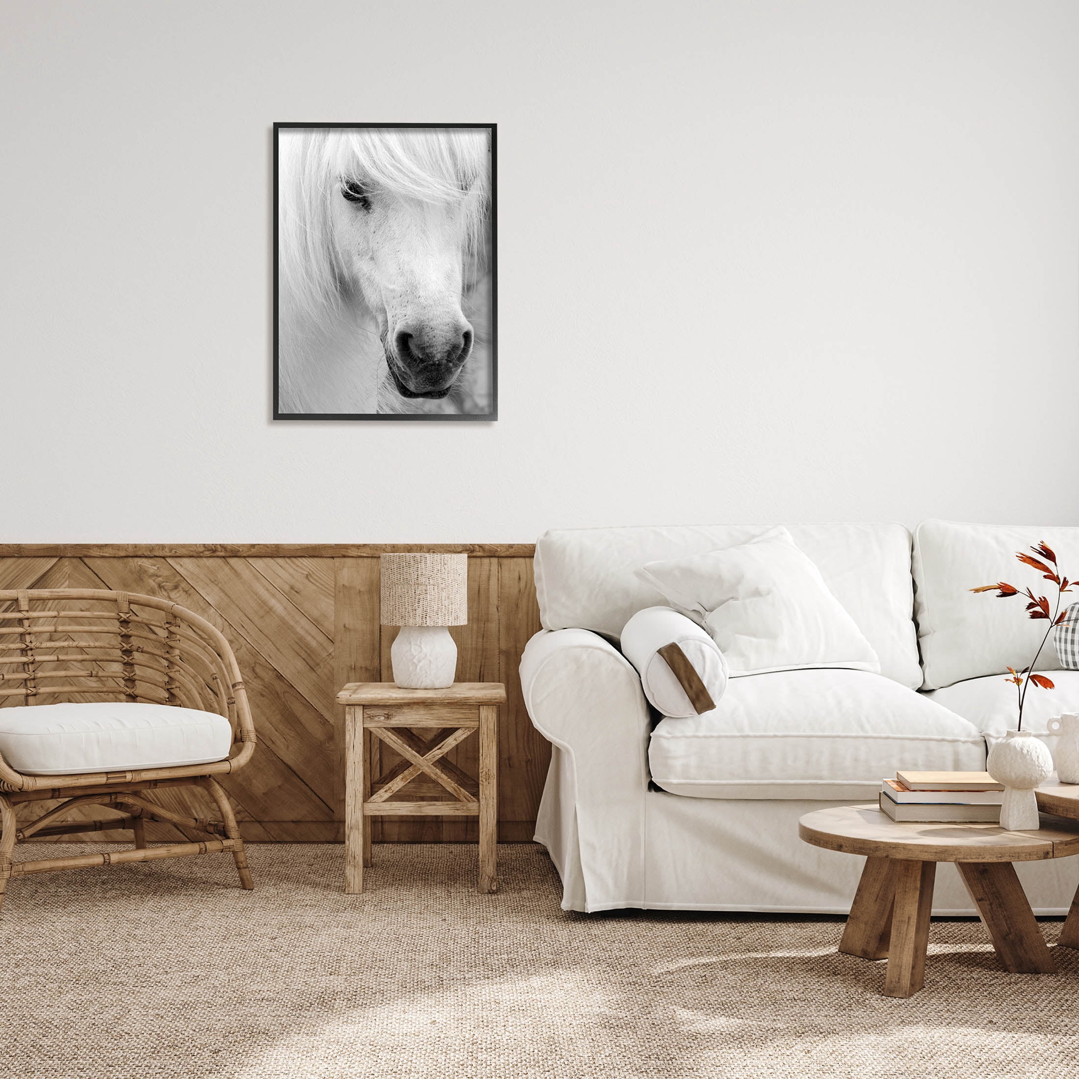 Elegant White Horse Stallion Animals & Insects Photograph Black Framed Art Print Wall Art