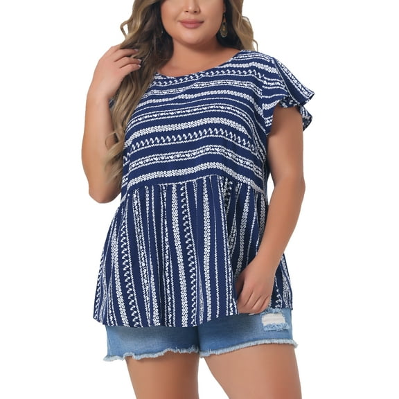 Plus Size Top for Women Boho Floral Printed Round Neck Ruffle Sleeve Blouses Shirts 2024 1X Dark Blue