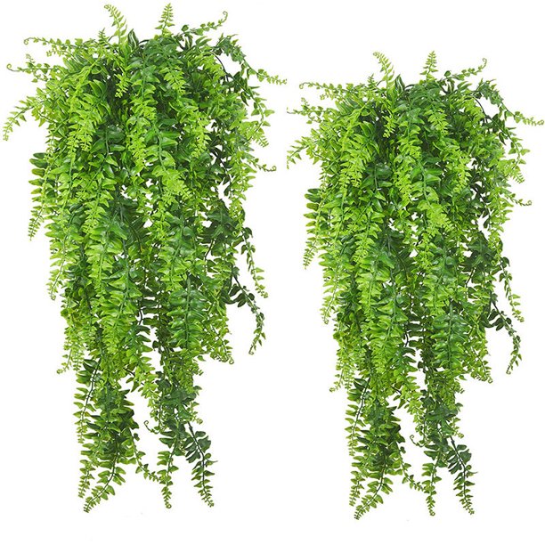 Paquete de 2 plantas colgantes artificiales Vides de hiedra falsa Helechos para exteriores Resistente a los rayos UV para cestas colgantes de pared de interior Decoración de guirnaldas de boda Jardín