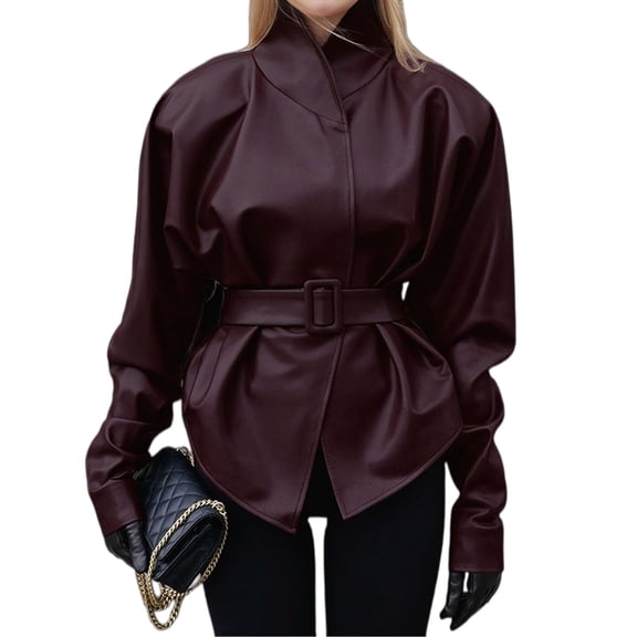 Women'S Faux Leather Jacket with Stand-Up Collar and Belted Waist Wine Red S