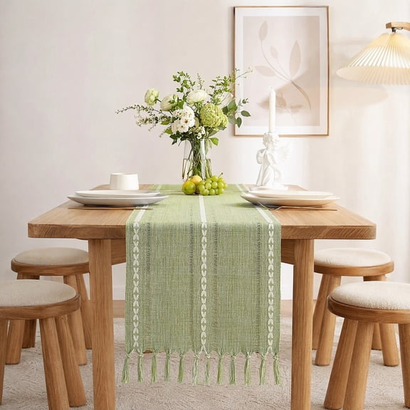 Sage Green Table Runner 72" Long - Linen Hemstitch Boho Farmhouse Decor for Dining, Kitchen, Coffee Table, Dresser & Party with Tassels