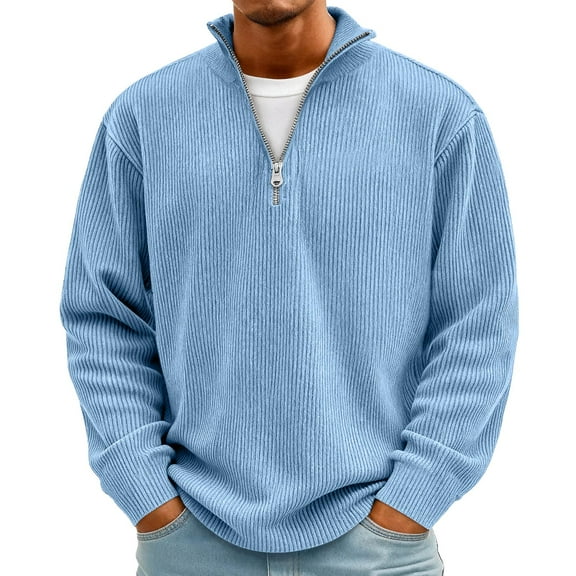 Nokdvo Mens 3/4 Zip Pullover Fashion 2025 Corduroy Sweatshirts Stand Colla Long Sleeve Top Ribbed Loose Casual Sweater,Sky Blue 2XL